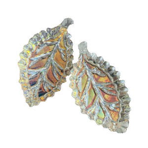 Vtg Iridescent Paper Weights Set Of 2 Art Glass Gold Bottom Leaf 3" Paperweights